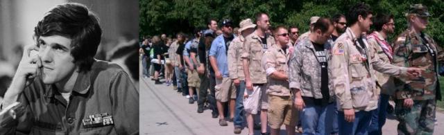 John Kerry (l) testifying at the Senate in &#039;71 and Iraq/Afghan War vets lining up to return medals to NATO in Chicago