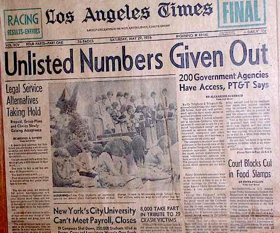 The May 29, 1976 front page of the LA Times, picking up a scoop from a local leftist weekly