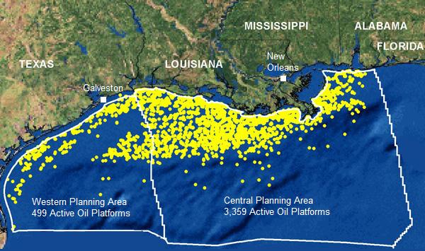 Active oil rigs in the Gulf of Mexico